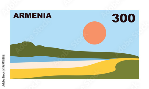 Armenian postage stamp depicting a serene sunset over a landscape with layered terrain