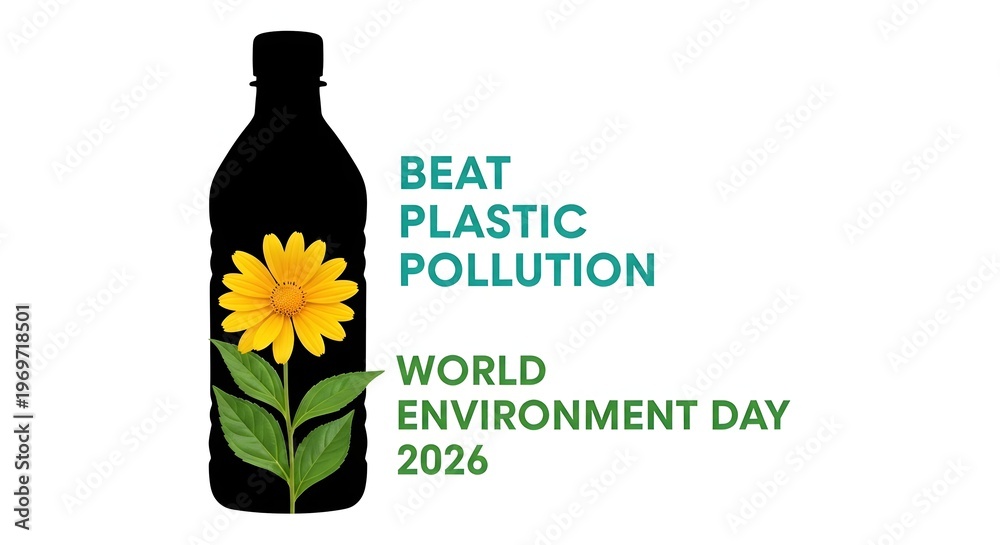 Fototapeta premium World Environment Day 2026 Concept with Plastic Bottle Silhouette and Flower, Beat Plastic Pollution Awareness Design