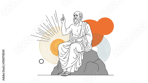 Artistic line drawing of an ancient Greek philosopher, possibly Socrates, sitting on a rock in a thoughtful pose.