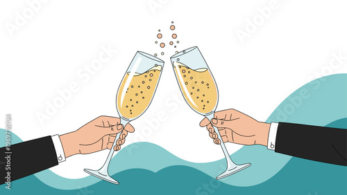 Celebration illustration of two hands in suits clinking champagne glasses for a toast against an abstract background.
