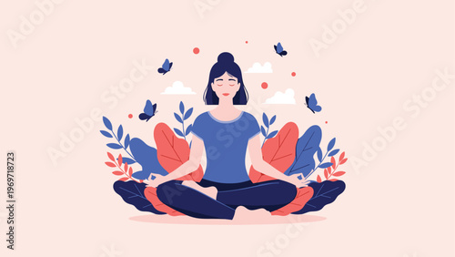 Peaceful illustration of a woman practicing yoga meditation in a lotus position surrounded by nature and butterflies.