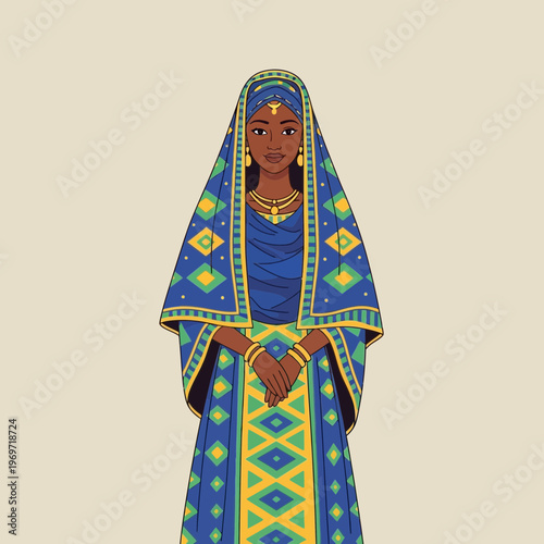 African Woman in Traditional Blue and Yellow Dress and Headscarf