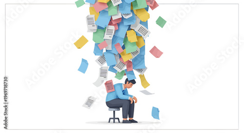 Overwhelmed Man Underneath Falling Documents Illustration.