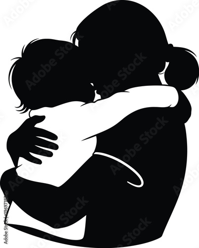 Silhouette of a person hugging a child in a minimalist black and white image