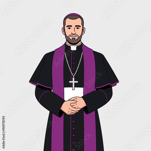 Catholic Bishop Wearing Purple Cassock and Stole, Holding Hands