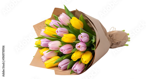 A vibrant bouquet of yellow and purple flowers wrapped in brown paper isolated on transparent background tulips flowers for mother's day father's day anniversary and other event