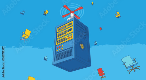 Dynamic illustration of a server with a propeller flying in the sky, surrounded by floating office chairs, symbolizing cloud computing, data migration, and remote IT.