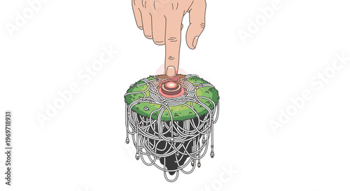 Hand pressing a glowing red button on a futuristic green device with intricate wires and cables, symbolizing activation, control, and advanced technology.