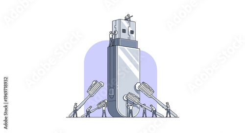 Tiny figures working together to manage a giant USB flash drive, symbolizing data storage, digital information, and technological infrastructure.