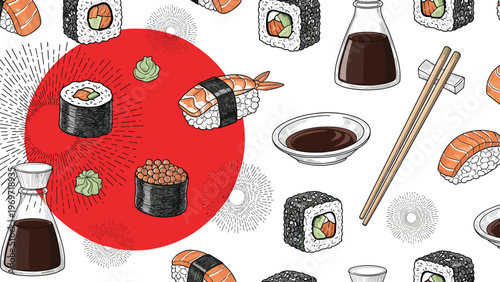 Vibrant culinary pattern featuring different types of sushi, soy sauce, and wasabi with a red Japanese sun motif.