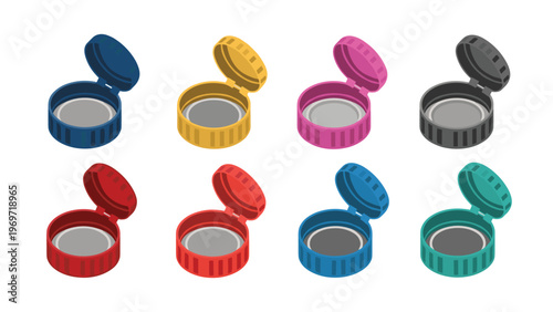 Isometric vector collection of various colored plastic bottle caps shown in an open position for product design concepts.
