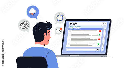 Man Working on Laptop with Cloud and Notification Icons.