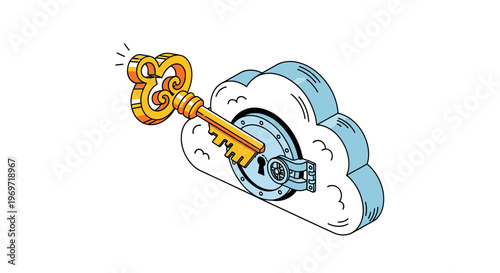 Secure cloud computing concept with a golden key unlocking a cloud server, representing data protection, cybersecurity, digital privacy, access, and online security solutions.