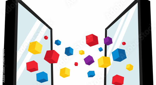 Colorful 3D cubes flying out of two open screens, representing data, information, or digital content.