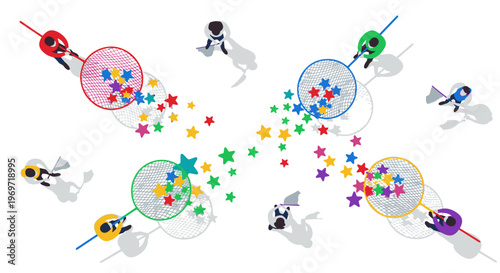 Diverse group of superheroes catching colorful stars with nets, symbolizing teamwork and achievement