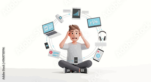 Stressed Cartoon Man Surrounded by Many Digital Devices and Technology.