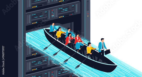 Team rowing boat through digital data stream emerging from server racks, representing data flow and teamwork