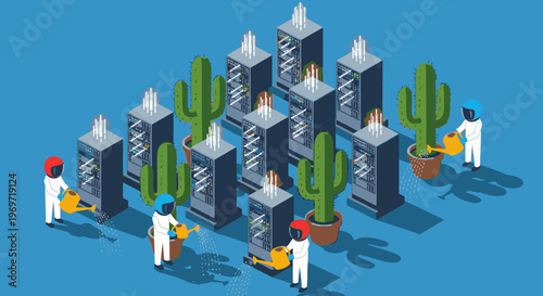 Surreal isometric scene of people in hazmat suits watering server racks and cacti, symbolizing data growth and care