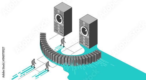 Isometric illustration of data servers and people working in a tech environment, symbolizing data processing and IT infrastructure.