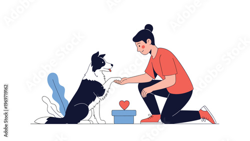 Gentle interaction between a caring woman and her loyal dog as they share a moment of connection through a paw shake outdoors.