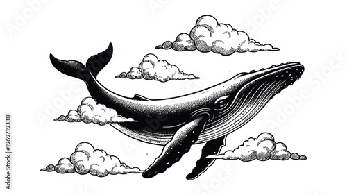 Intricate whale illustration with clouds and sky details isolated on transparent background