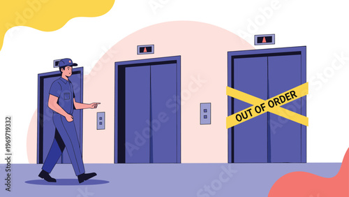 Professional maintenance worker walks past building elevators where one unit is currently out of service and marked with caution tape.