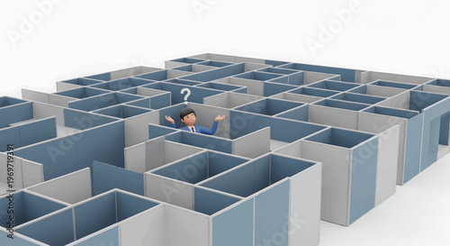 Businessman Navigating Complex Labyrinth Searching for Solutions.
