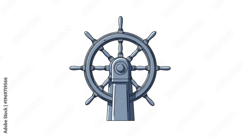 Obraz premium Classic maritime wooden ship steering wheel sits mounted on a sturdy pedestal, evoking a sense of traditional nautical navigation and travel.