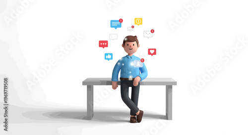 3D Rendered Character with Social Media Notifications.