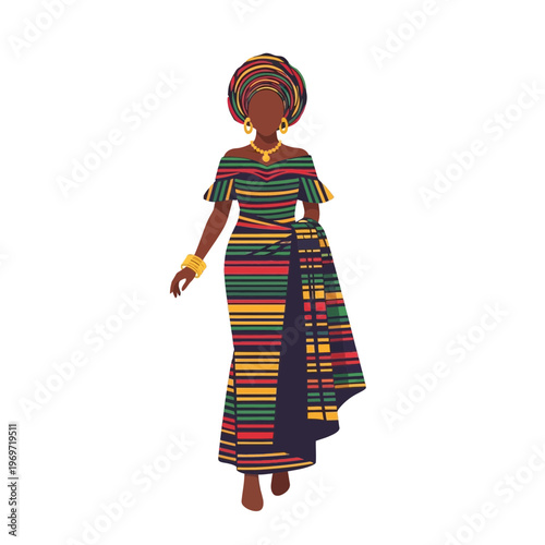 Woman in Traditional African Attire with Colorful Striped Dress and Headwrap
