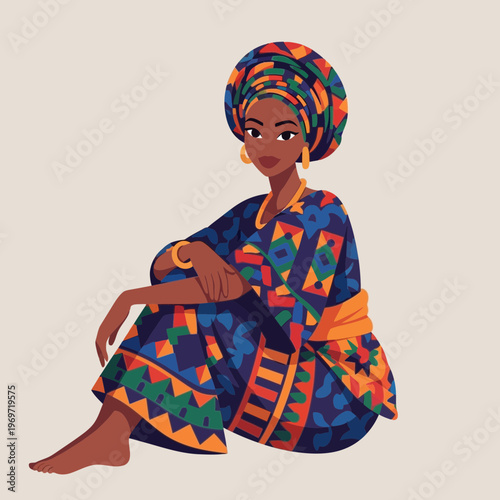 Woman in traditional African attire, sitting, colorful geometric patterns