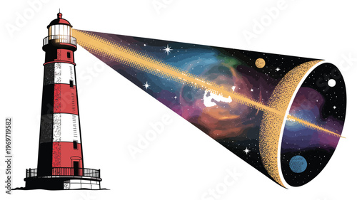 Lighthouse beam illuminates cosmic scene with stars planets and galaxies isolated on transparent background