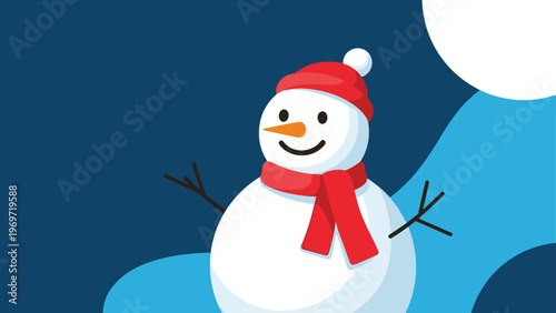 Friendly snowman wearing a warm red winter hat and matching scarf smiles broadly against a stylized blue background with a large moon.