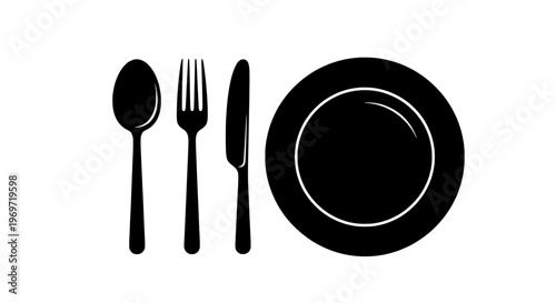 Plate with fork, knife, and spoon set in a minimalist black silhouette, ready for dining. featuring cutlery, silverware, dish with tableware and meal