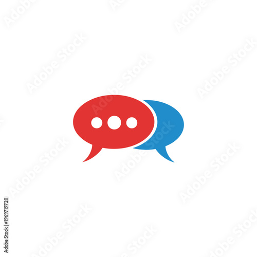 A red and blue speech bubble icon with three white dots