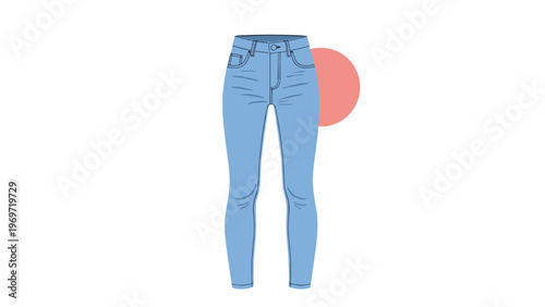 Stylish pair of blue skinny denim jeans for women is showcased against a minimalist background featuring a soft pink circular accent.