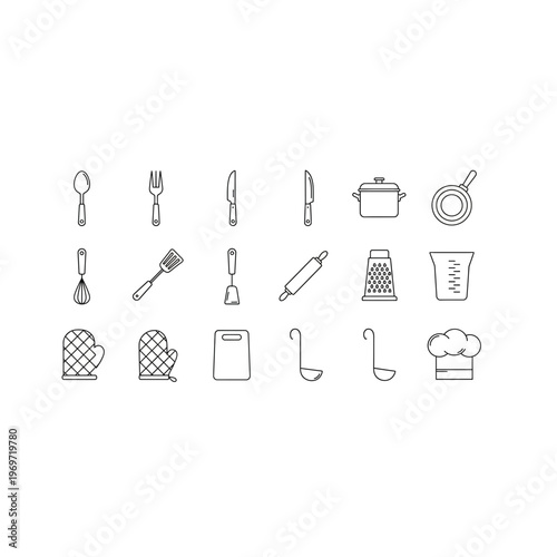 A collection of kitchen utensils and tools