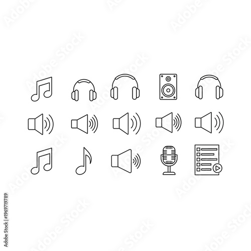 Black and white icons of music and audio equipment