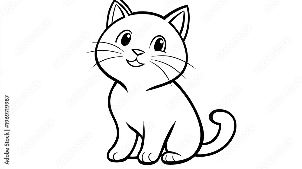 Fototapeta premium Smiling cartoon cat illustration in black and white for creative design