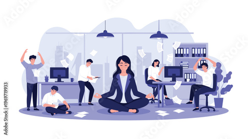 Calm businesswoman practices mindfulness meditation at her desk amidst a chaotic office environment with papers flying all around her.