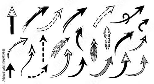 Arrows hand drawn set with various shapes and styles, including feathered and dashed lines. featuring graphic design, illustration, icon with symbol