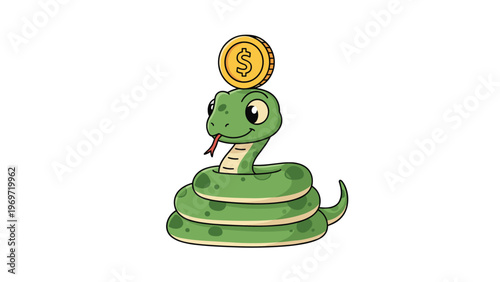 Adorable cartoon snake coiled up with a happy expression carries a large gold dollar coin on its head, symbolizing wealth and savings.