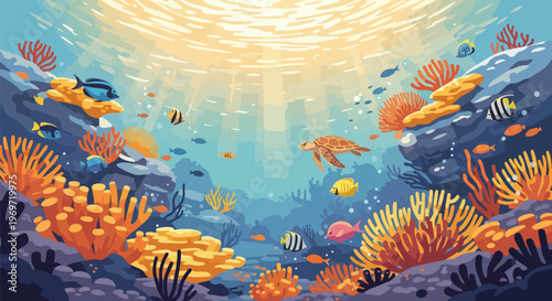 Vibrant Underwater Coral Reef Ecosystem with Sea Turtle and Tropical Fish