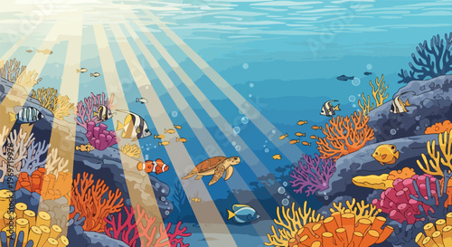 Vibrant Underwater Coral Reef Scene with Sea Turtle and Tropical Fish