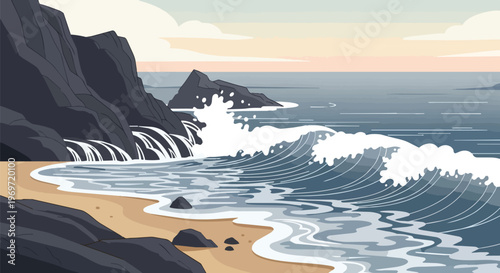 Pixel Art Coastal Landscape with Crashing Waves on Rocky Beach