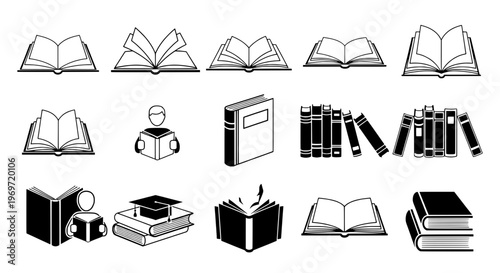 Books open and closed icons with various stacks and reading motifs, black silhouette collection featuring book, education, knowledge with learning