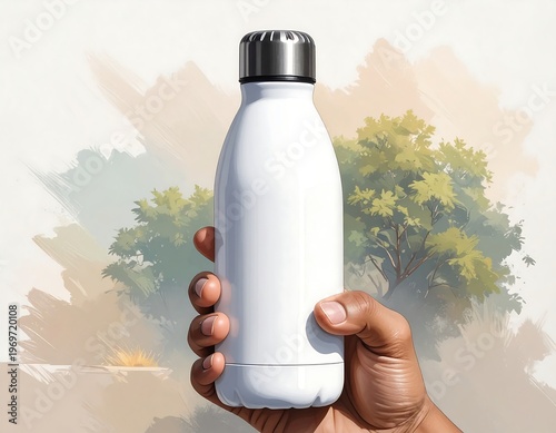 A hand holding a white insulated bottle with a silver cap against a tree background