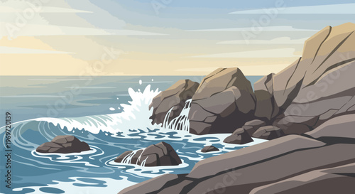 Ocean Waves Crashing Against Rocky Shoreline Vector Illustration