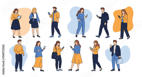 Large group of diverse people in business and casual attire standing and walking while using their mobile phones and tablets.