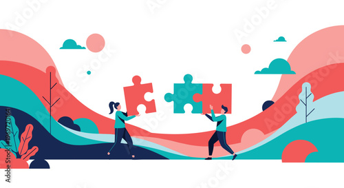 Man and woman in stylized outdoor landscape work together to connect colorful puzzle pieces symbolizing teamwork and success.
